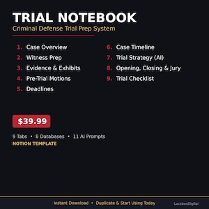 Trial Notebook Notion Template | Criminal Defense Trial Prep | Exhibit List Jury Selection | AI Cross Exam Builder | Attorney Trial Binder