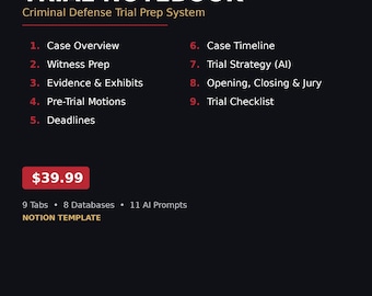 Trial Notebook Notion Template | Criminal Defense Trial Prep | Exhibit List Jury Selection | AI Cross Exam Builder | Attorney Trial Binder