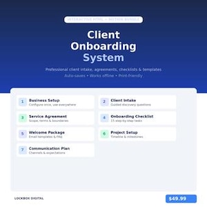 Paquete de sistema de incorporación de clientes / Plantilla Notion + HTML interactivo / Formulario de admisión de nuevos clientes / Negocio de servicios