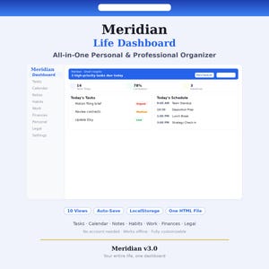 Könnte beinhalten: Digitales Interface für das "Meridian Life Dashboard", einen All-in-One-Organizer für persönliche und berufliche Zwecke. Der Bildschirm zeigt Aufgaben, einen Kalender, Notizen, Gewohnheiten, Arbeit, Finanzen und rechtliche Bereiche. Die Oberfläche zeigt Aufgaben und Zeitplan für heute.
