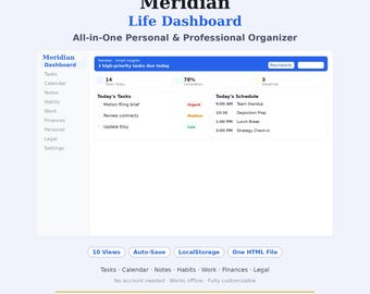 Meridian AI Dashboard HTML Template | Personal Organizer | Task Manager Habit Tracker Finance Planner | Digital Download
