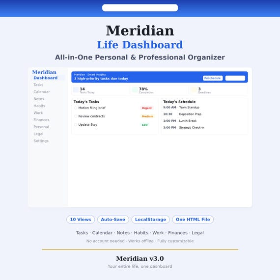 Meridian AI Dashboard HTML Template | Personal Organizer | Task Manager Habit Tracker Finance Planner | Digital Download
