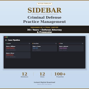 May include: A digital template for criminal defense practice management. The design includes a "Case Pipeline" with active, pre-trial, and trial stages. The template is designed by a trial lawyer and includes 12 databases, 12 views, and 100+ properties.