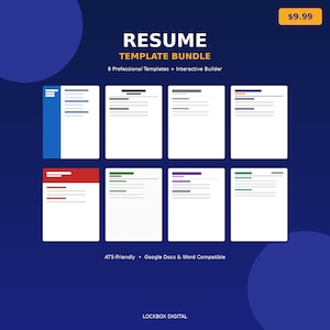 May include: A dark blue graphic with the words "RESUME TEMPLATE BUNDLE" and the price $9.99. The image displays eight resume templates with different color schemes. The text "8 Professional Templates + Interactive Builder" is also visible.