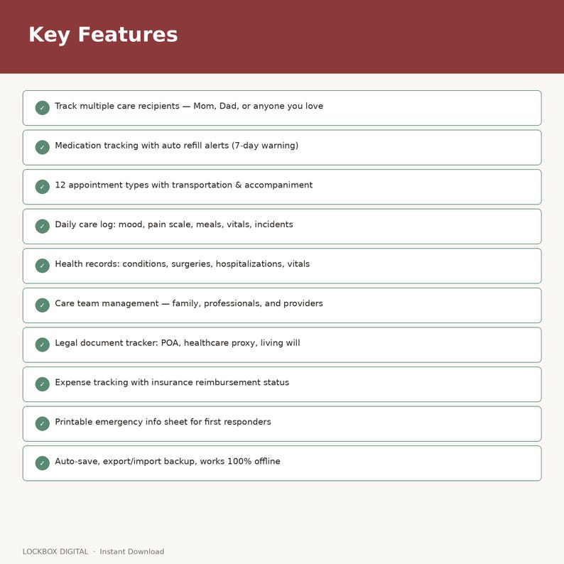May include: A digital document titled "Key Features" with a maroon header. The document lists features including medication tracking, health records, and emergency info sheets. The document is designed for care management.