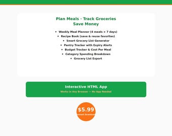 Meal Planner Grocery List Budget Tracker | Weekly Meal Plan | Recipe Book | Pantry Tracker | Grocery Budget | Shopping List | fast Download
