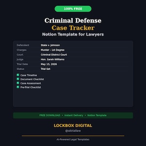 Könnte beinhalten: Ein dunkler Hintergrund mit dem Text "100% KOSTENLOS" in einem grünen Rechteck. Der Text "Criminal Defense Case Tracker" wird in Weiß und Gelb angezeigt. Eine Tabelle zeigt Falldetails, einschließlich Angeklagter, Anklagepunkte, Gericht, Richter, Verhandlungstermin und Status.