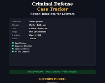 FREE Criminal Defense Case Tracker Notion Template | Attorney Case Management | Lawyer Digital Planner | Legal Organizer for Trial Prep
