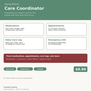 May include: A digital printable care coordinator for aging parents. The green and white document includes sections for medications, appointments, daily care logs, and emergency information. The document is designed to help adult children care for their aging parents.