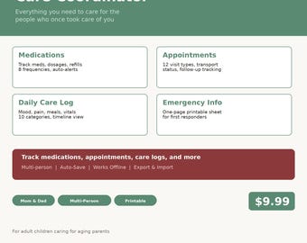 Aging Parent Care Coordinator Medication Tracker | Appointment Planner | Caregiver Organizer | Emergency Info | Daily Care Log | Download