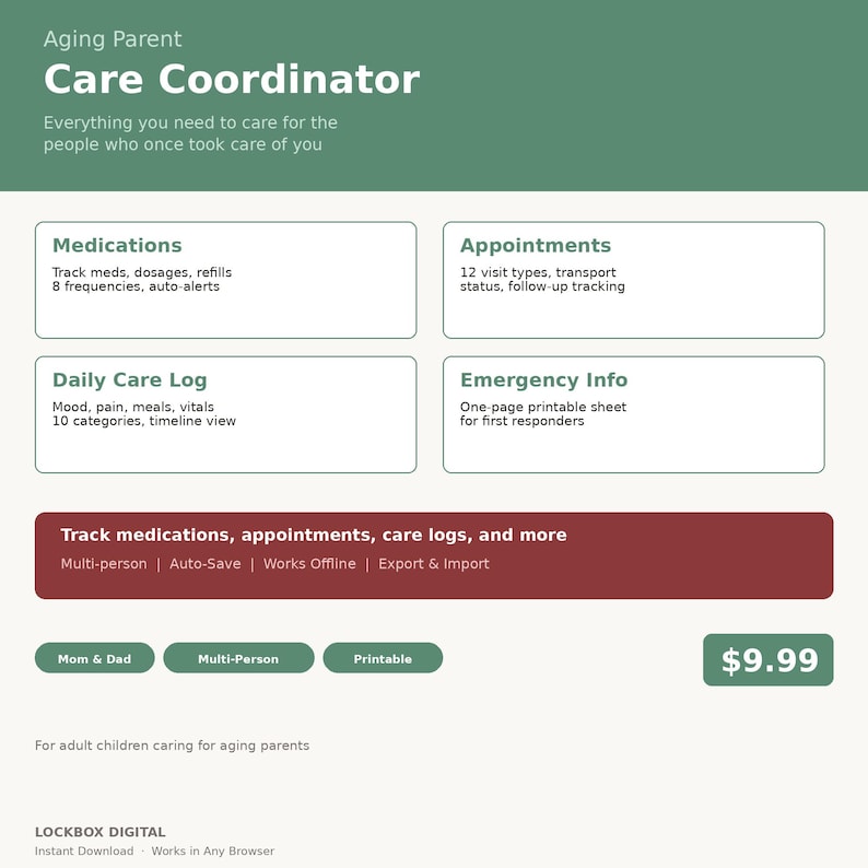 May include: A digital printable care coordinator for aging parents. The green and white document includes sections for medications, appointments, daily care logs, and emergency information. The document is designed to help adult children care for their aging parents.