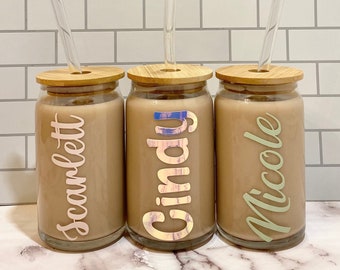 Personalized Iced Coffee Cup 16oz Glass Soda Can Reusable Cup with Bamboo Top and Glass Straw. Glass Beer Can Cup. Glass Libby Cup Name Cup