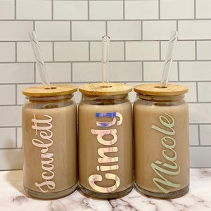 Personalized Iced Coffee Cup 16oz Glass Soda Can Reusable Cup with Bamboo Top and Glass Straw. Glass Beer Can Cup. Glass Libby Cup Name Cup