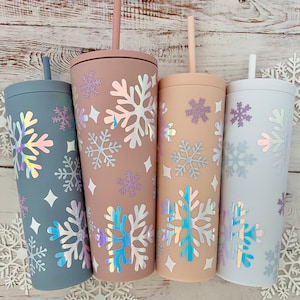 Snow Flake Winter Wonderland Tumbler 18oz or 24oz Pinks or White Includes Straw & Lid Holiday Limited Edition Christmas Limited Edition