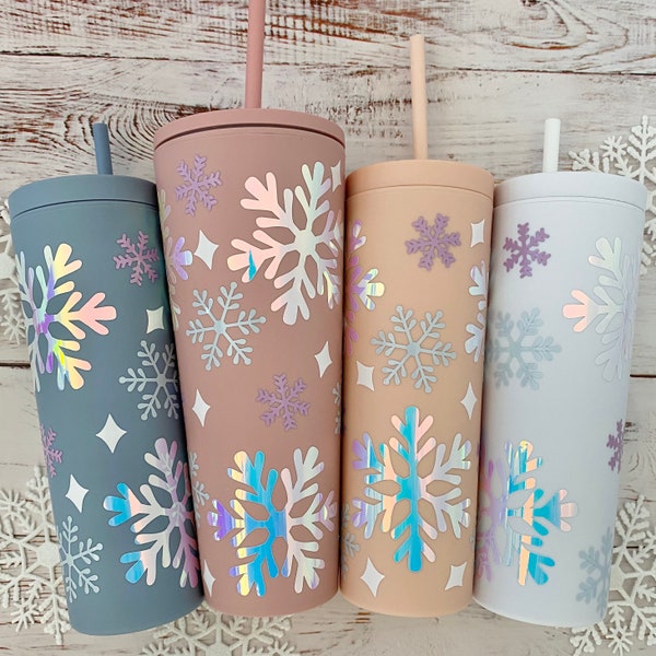 Snow Flake Winter Wonderland Tumbler 18oz or 24oz Pinks or White Includes Straw & Lid Holiday Limited Edition Christmas Limited Edition