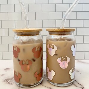 Mickey and Minnie 16oz Glass Soda Can w/ Bamboo Top and Glass Straw. Glass Beer Can Cup. Libby Glass Cup Iced Coffee Cup Gift for Disney Fan image 4