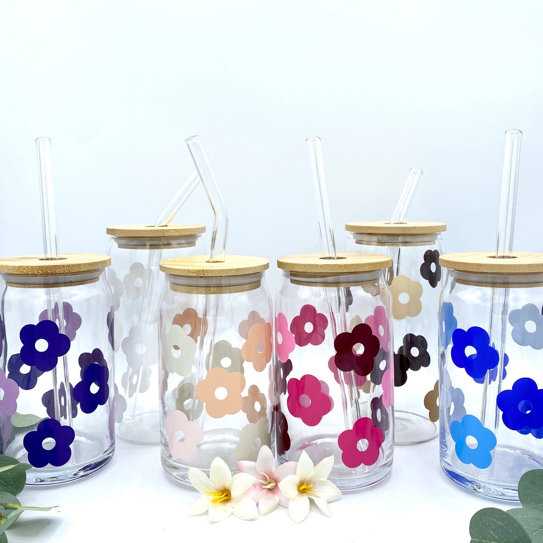 Boho Flowers Retro Flowers 16oz Glass Soda Can Reusable Cup With Bamboo ...