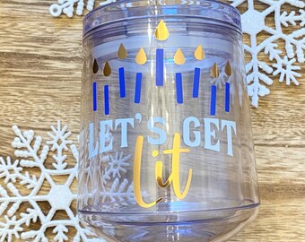 Lets Get Lit Wine Tumbler 10oz Gift For Wine Lover Hostess Gift Holiday Gift Hanukkah Cup Menorah Chanukah