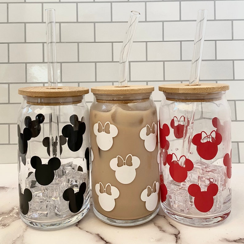 Mickey and Minnie 16oz Glass Soda Can w/ Bamboo Top and Glass Straw. Glass Beer Can Cup. Libby Glass Cup Iced Coffee Cup Gift for Disney Fan image 5