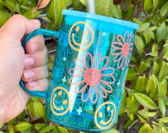 Daisy Happy Face Smiley Face Jelly Mug 17oz Colored Glass Cup with Lid and Straw Boho Mug