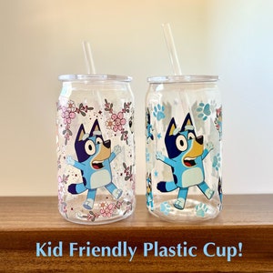Blue Dog 16oz Plastic Soda Can Cup with straw and Lid Bluey Chili Bandit Bingo Kids Plastic Cup Water Cup with Straw