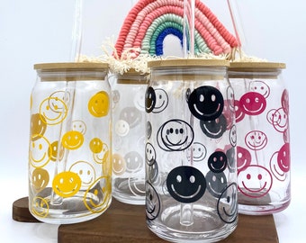 Iced Coffee Cup Smiley Face Happy Face!16oz Glass Soda Can w/ Bamboo Top and Glass Straw Glass Beer Can Cup Vinyl Wrap Libby Glass Cup