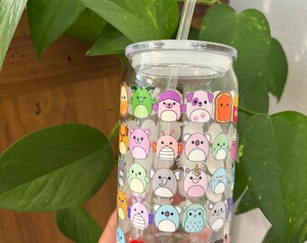 Squishmellow 16oz Plastic Soda Can Cup with straw and Lid Stuffed Animal Kids Plastic Cup Water Cup with Straw