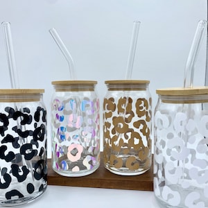 Leopard Print Iced Coffee Cup 16oz Glass Soda Can Reusable Cup With Bamboo  Top and Glass Straw Glass Libby Glass Beer Can Cup Gift for Her 