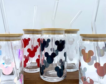 Mickey and Minnie 16oz Glass Soda Can w/ Bamboo Top and Glass Straw. Glass Beer Can Cup. Libby Glass Cup Iced Coffee Cup Gift for Disney Fan