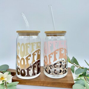 Iced Coffee Cup Coffee Coffee Coffee 16oz Glass Soda Can Reusable Cup w/ Bamboo Top and Glass Straw Glass Beer Can Cup Gift for Her