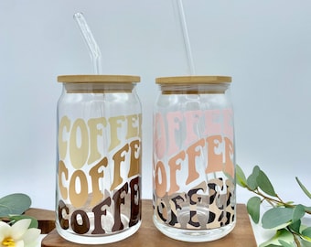 Iced Coffee Cup Coffee Coffee Coffee 16oz Glass Soda Can Reusable Cup w/ Bamboo Top and Glass Straw Glass Beer Can Cup Gift for Her