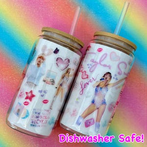 Iced Coffee Cup 16oz Glass Soda Can Cup w/ Bamboo Top Glass Libby Cup Sublimation Style graphics; dishwasher safe!!!