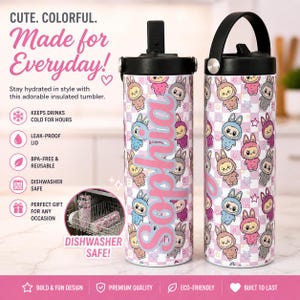 May include: Two insulated tumblers with black lids and handles. The tumblers feature a pink and white checkered pattern with cartoon bunny characters. The name "Sophia" is written in pink script on one tumbler. Text on the image reads "Cute. Colorful. Made for Everyday!" and "Dishwasher Safe!"