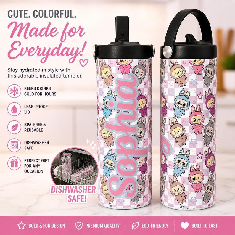 May include: Two insulated tumblers with black lids and handles. The tumblers feature a pink and white checkered pattern with cartoon bunny characters. The name "Sophia" is written in pink script on one tumbler. Text on the image reads "Cute. Colorful. Made for Everyday!" and "Dishwasher Safe!"