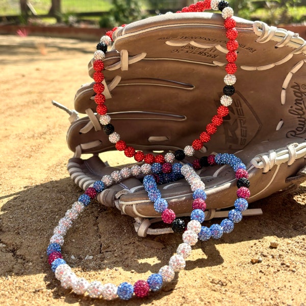 Collier goutte à goutte pour sport 3 couleurs Baseball Bling Softball Bling String Bling Swing Bling Collier scintillant de baseball Collier de sport