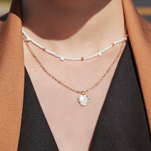 Delicate layered necklace set, mother-of-pearl shell heart necklace, dainty beaded choker, 14k gold filled heart gold necklace, gift for her