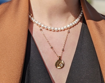 Layered necklace set, mother-of-pearl shell sun pendant necklace, freshwater pearl choker, dainty sunburst gold necklace, gift for her