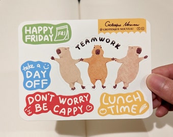 Capybara sticker sheet, teamwork sticker, meme sticker, vinyl laptop sticker, planner stickers, water resistant sticker pack, cute capybaras