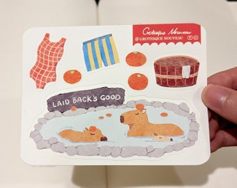 Capybara hot spring bath sticker sheet, vinyl laptop sticker, planner stickers, water resistant sticker, meme sticker, kawaii stickers