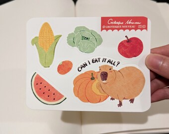 Capybara sticker sheet, vinyl laptop sticker, planner stickers, water resistant stickers, kawaii stickers, fruit stickers, sticker pack