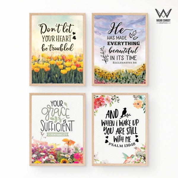 Set of 4 Floral Christian Wall Art Prints, Bible Verse Scripture Printable Nature Decor, Yellow & Pink Flowers Painting Digital Download