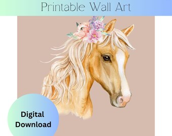 Pferd mit Blumen Wandkunst, Pferd Wandkunst, Pferd digital bedruckbare Wandkunst,
