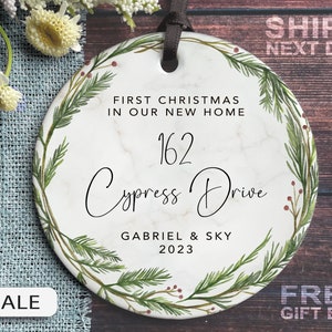 New Home Address Ornament - Christmas in New Home 2023 - Green Pine Botanical Wreath