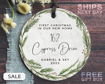 New Home Address Ornament - Christmas in New Home 2026 - Green Pine Botanical Wreath