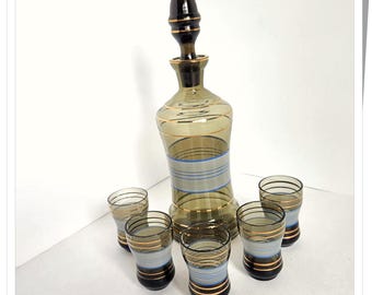 MCM Glass Decanter and 5 Glasses, Blue Green Gold