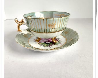 Footed Teacup and Saucer, Castle, Japan, Aristocrat, Pink Green Gold