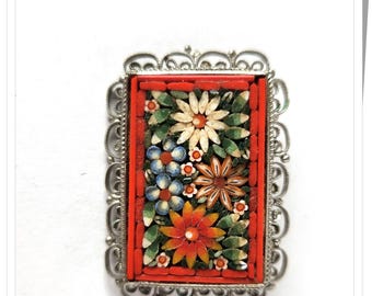 Micro Mosaic Brooch, Made in Italy, Flowers with Orange Border
