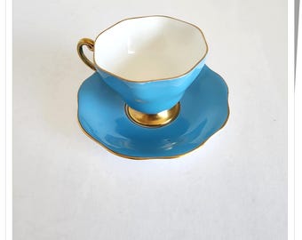 EB Foley Teacup and Saucer, Blue and Gold