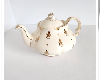 Burslem Ellgreave Teapot, Cream with Gold Fleur de Lis