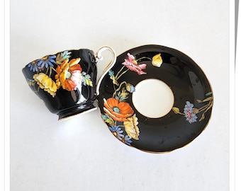 Aynsley Black Cup and Saucer, Poppy Flowers, Numbered